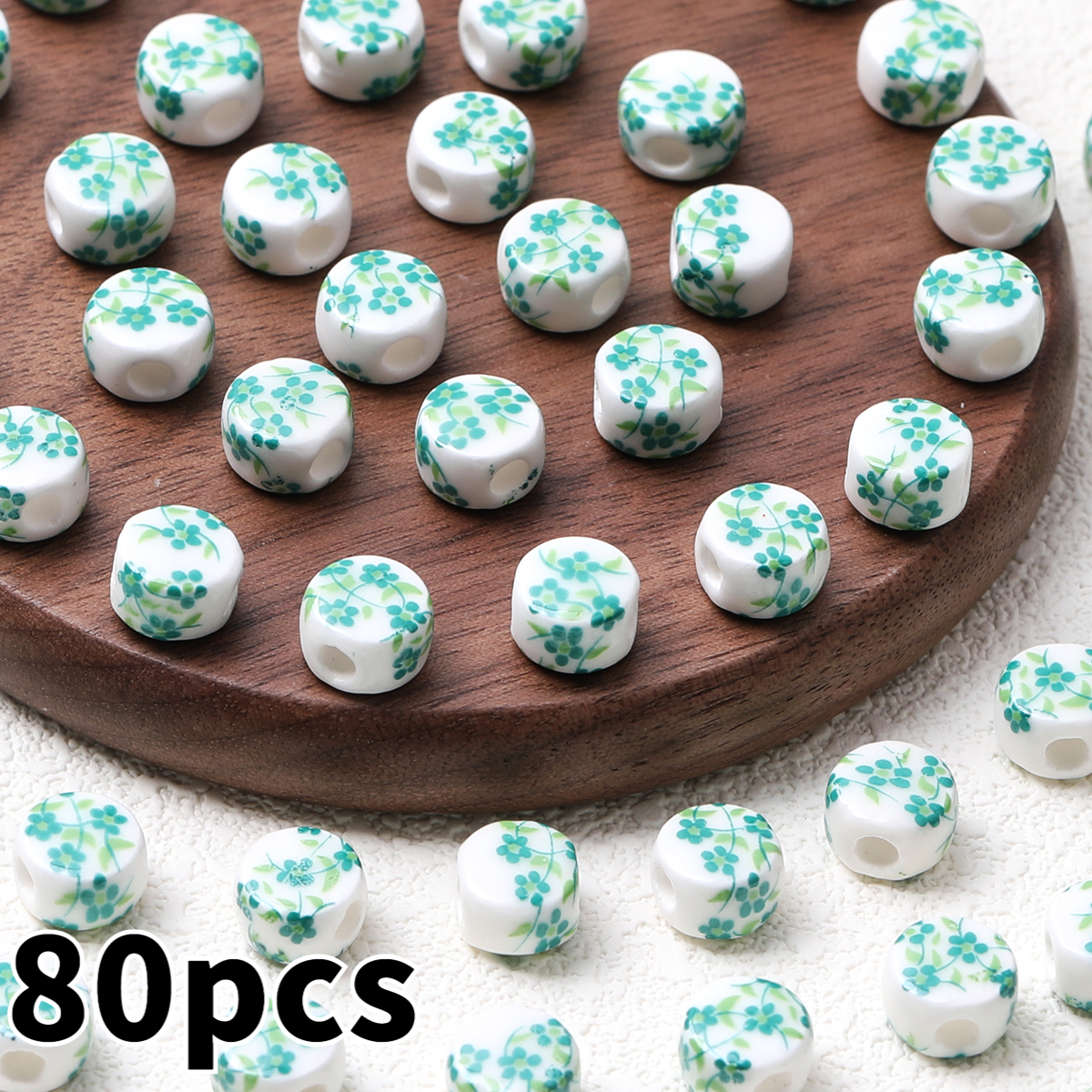 20pcs Random Color Flat Round Printed Flower Ceramic Beads